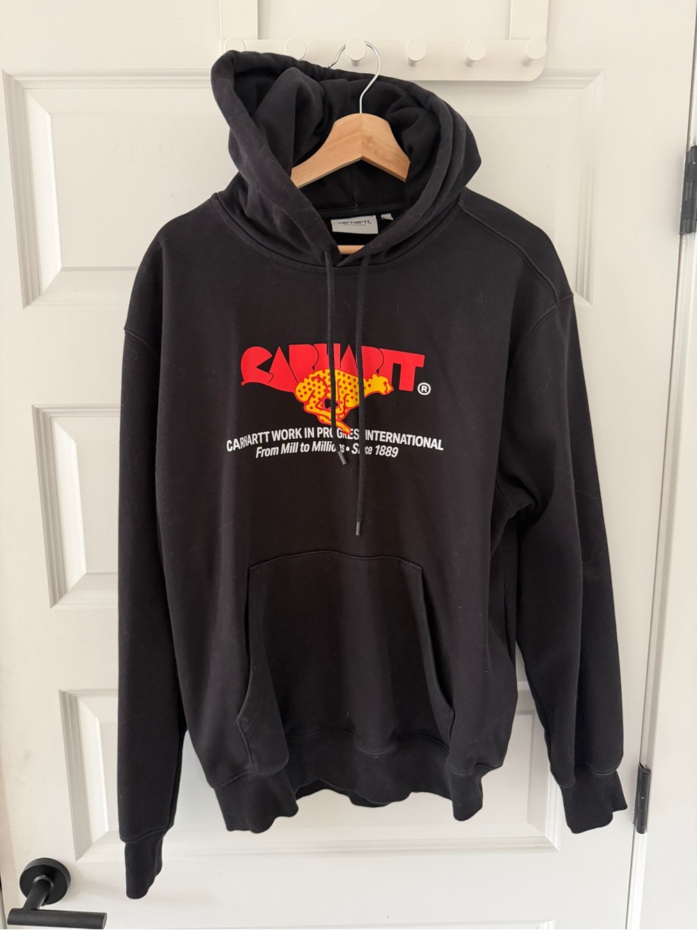 Carhartt WIP Black Hoodie with Red and Yellow Logo - Men's Crewneck Pullover